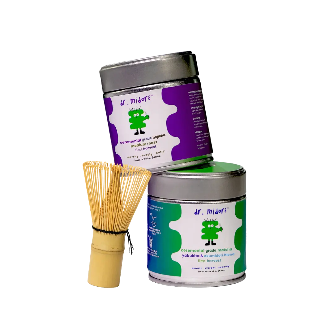dr. midoré’s essentials: matcha + hojicha + whisk
